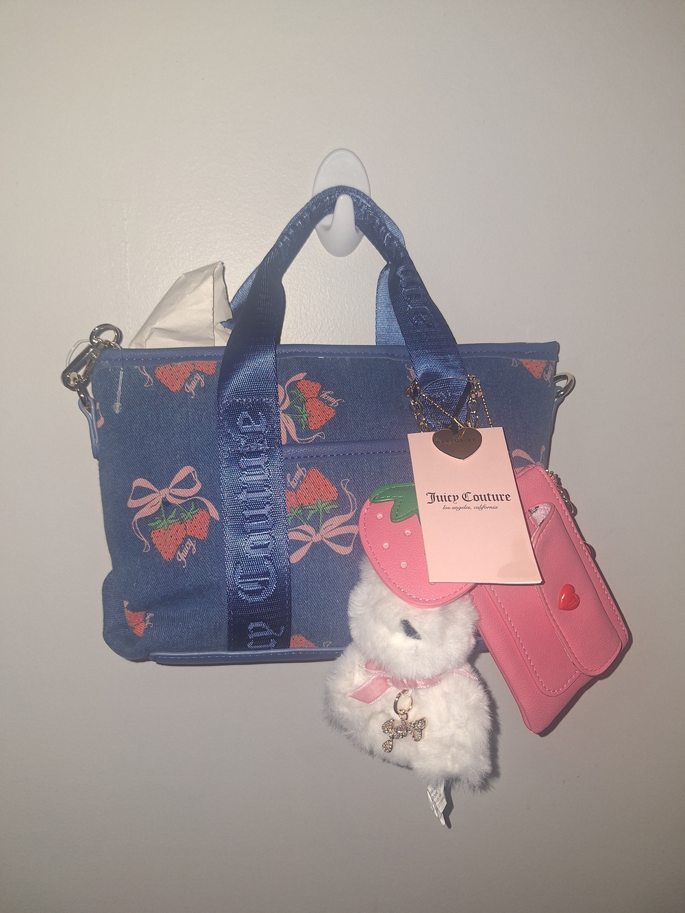 EXCLUSIVE Juicy Couture Blue Strawberry Print Tote with Pink Charm
